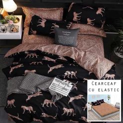 Lenjerie Bumbac Satinat cu ELASTIC, Leopard, 4 piese #BE07