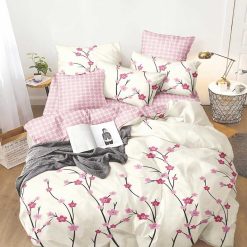 Lenjerie Bumbac Satinat cu 2 Fete, Flori, Alb/Roz, 4 piese #BS375