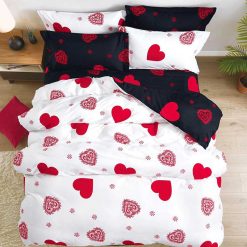 Lenjerie Bumbac Satinat cu 2 Fete, Inimioare, 4 piese #BS379