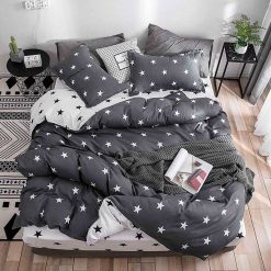 Lenjerie Bumbac Satinat cu 2 Fete, Stelute, Gri/Alb, 4 piese #BS432
