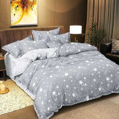 Lenjerie Bumbac Satinat cu 2 Fete, Stelute, Gri 4 piese #BS451