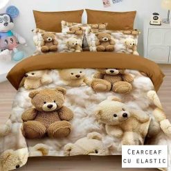 Lenjerie Finet cu 2 Fete, Ursuleti, Cearceaf cu Elastic, 6 Piese #FE488