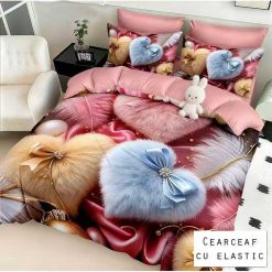 Lenjerie Finet cu 2 Fete, Inimi, Cearceaf cu Elastic, 6 Piese #FE485