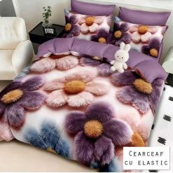 Lenjerie Finet cu 2 Fete, Flori, Cearceaf cu Elastic, 6 Piese #FE493