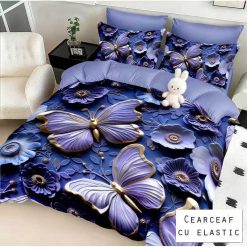 Lenjerie Finet cu 2 Fete, Fluturi, Cearceaf cu Elastic, 6 Piese #FE492