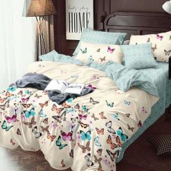 Lenjerie Finet cu 2 fete, Crem/Albastru deschis, Fluturi, 6 piese #F119